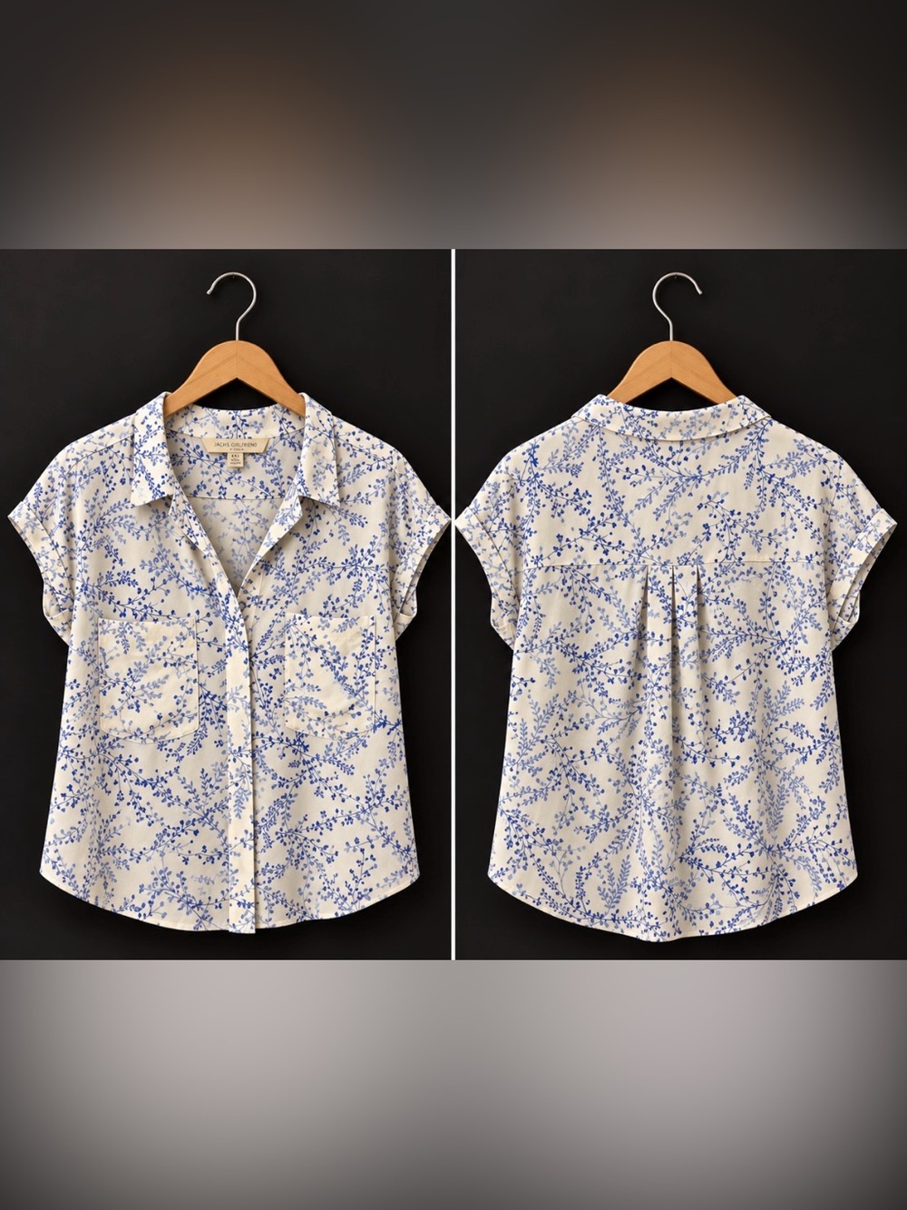 JACHS Girlfriend Cream Button-Down Shirt with Blue Botanical Print